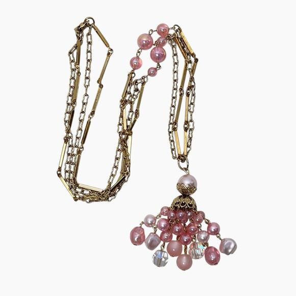 Coro Tassel Necklace Pink Dangle Beads Bar Links Gold Tone 27" Soft Boho Vtg - Picture 5 of 13